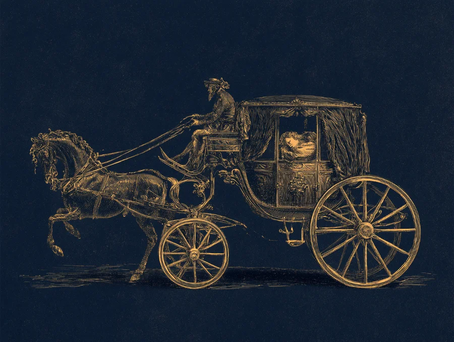 La metafora della Carrozza di Gurdjieff — illustrazione con carrozza, cavalli, cocchiere e passeggero